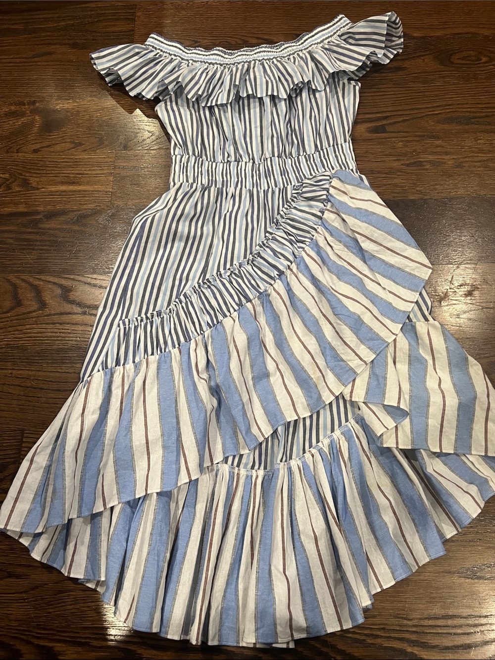 Misa Los Angeles Blue, White and black Striped Off-Shoulder Ruffle Dress